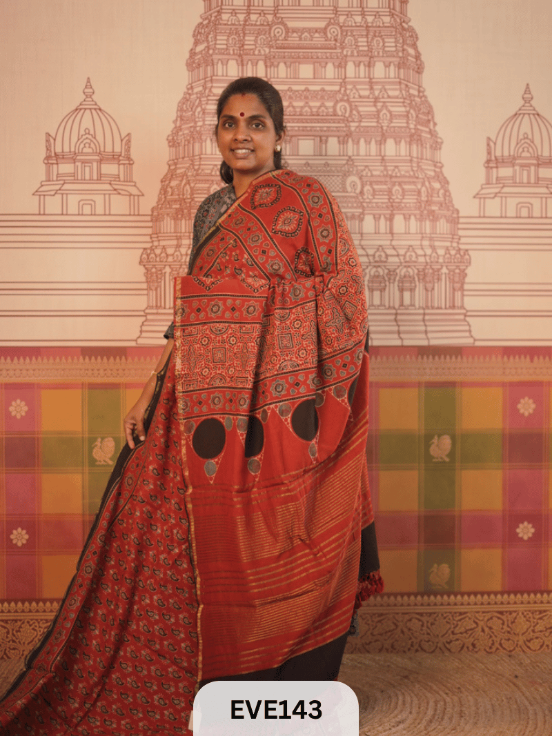 PURE CHANDERI SILK AJRAKH HANDBLOCK SAREE