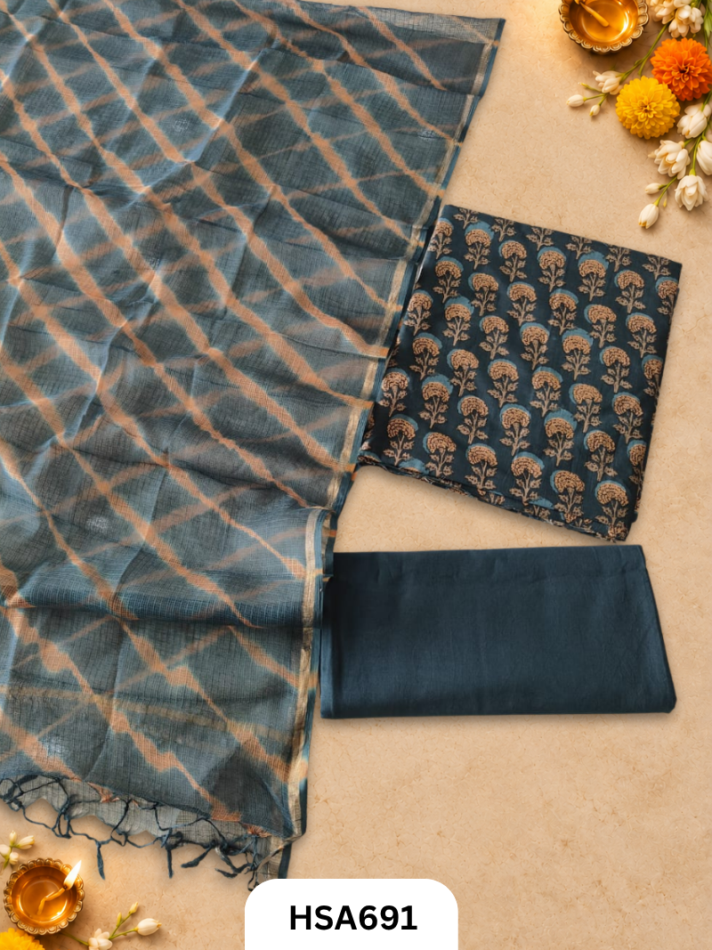 Handblock Printed Kota Doriya Dupatta With Cotton Suits Top 2.5mtr Dupatta 2.5mtr