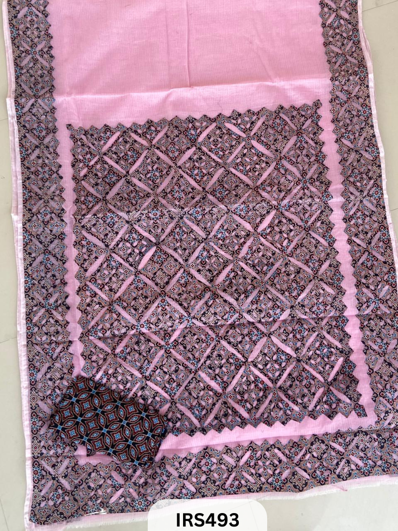 PURE KOTA DORIYA SAREE WITH HAND APPLIQUE AJRAKH PRINT WORK BLOUSE