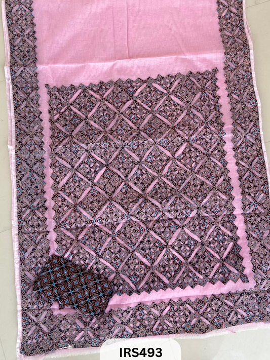 PURE KOTA DORIYA SAREE WITH HAND APPLIQUE AJRAKH PRINT WORK BLOUSE