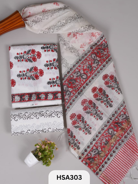 COTTON SUIT WITH CHANDERI DUPATTA HAND BLOCK PRINTED- 3PCS SET