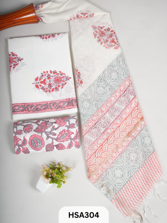 COTTON SUIT WITH CHANDERI DUPATTA HAND BLOCK PRINTED- 3PCS SET