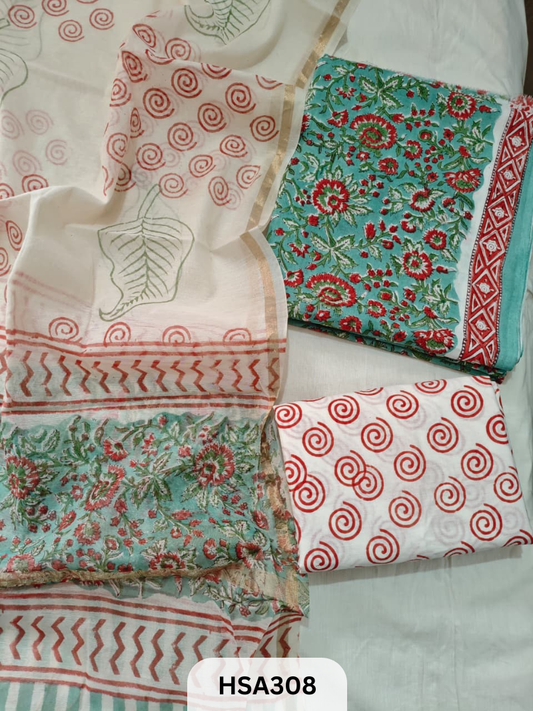 COTTON SUIT WITH CHANDERI DUPATTA HAND BLOCK PRINTED- 3PCS SET