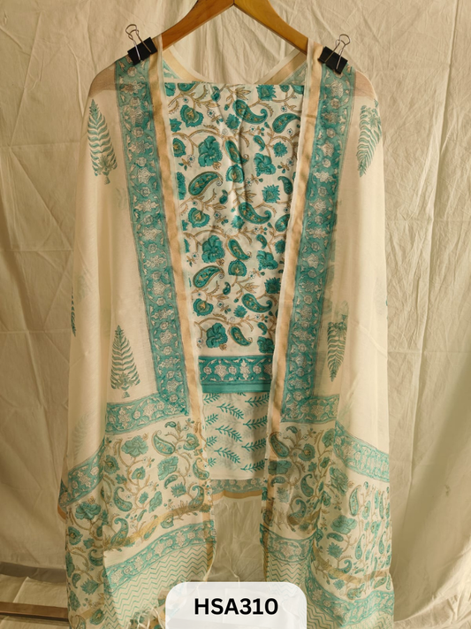 COTTON SUIT WITH CHANDERI DUPATTA HAND BLOCK PRINTED- 3PCS SET