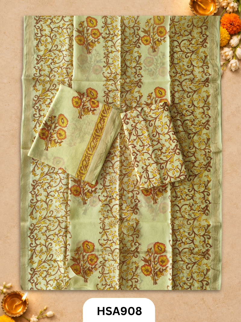 HandBlock Printed Maheshwari Silk Zari Border Top & dupttas 2.5 Mtrs | Bottom cotton 2.50 mtrs