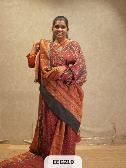 AJRAKH DOLA SILK SAREE WITH MIRROR WORK - IMMEDIATE DISPATCH