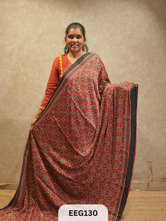 AJRAKH MODAL SAREE WITH KHATLI HANDWORK