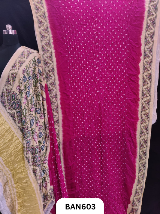 Semi Gaji ts kalamkari digital print pallu, blouse and border with bandhej saree
