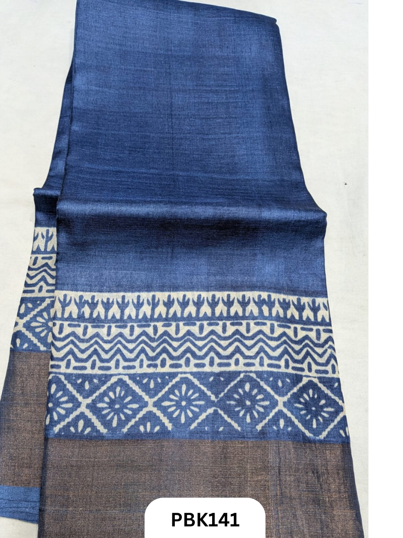 Premium Pure Tussar Silk Handblock Print Saree – Kolkata Special