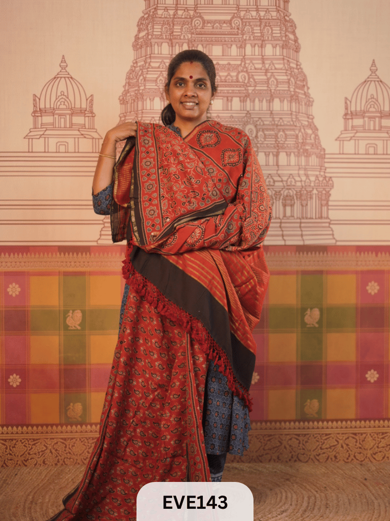 PURE CHANDERI SILK AJRAKH HANDBLOCK SAREE