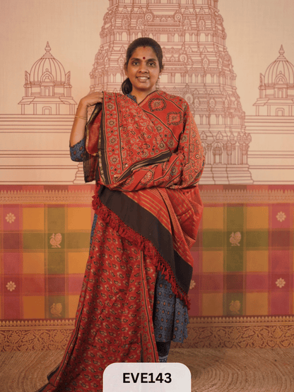 PURE CHANDERI SILK AJRAKH HANDBLOCK SAREE