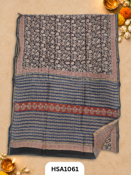 Pure Hand Block Printed Chanderi Silk Saree With Printed Blouse