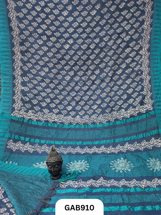 Temple Zari Border Hand Block Printed Katan Cotton Silk Saree With Running Blouse