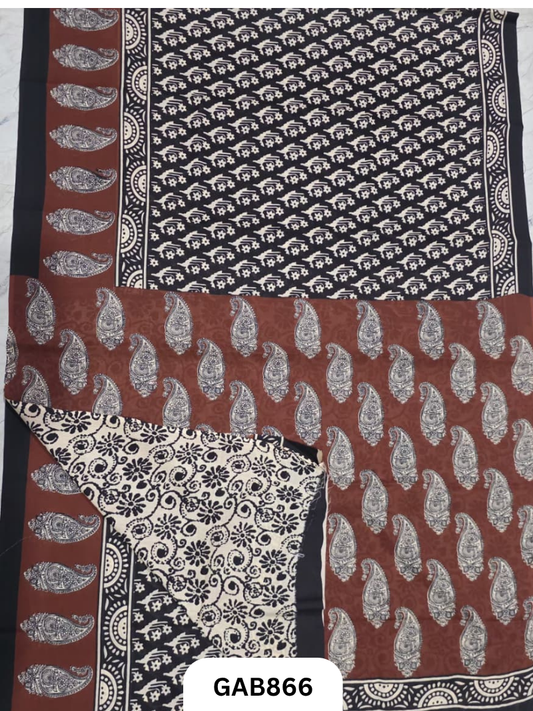 Bagru Block Print Cotton Mulmul Sarees With Running Blouse