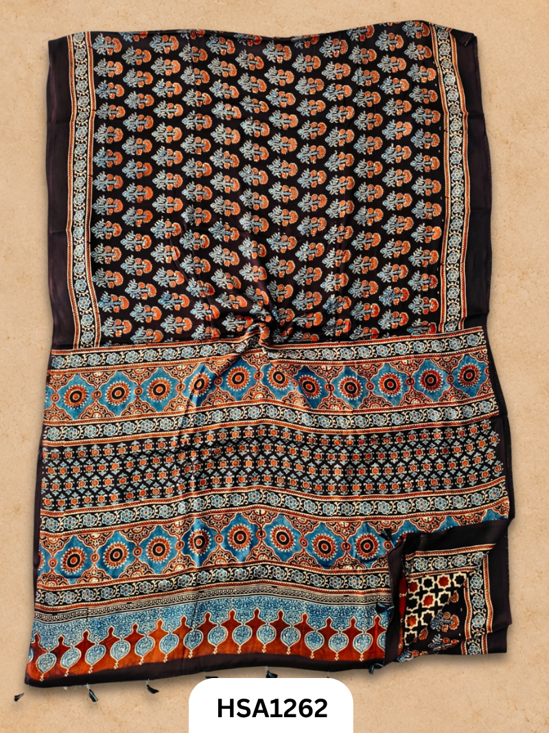 Natural Dye Vegetable Hand Block Print Ajrakh Print Pure Modal Silk Saree