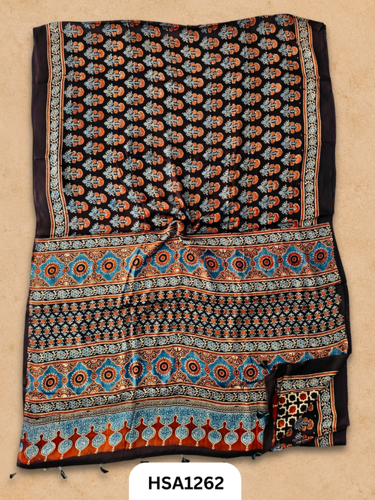 Natural Dye Vegetable Hand Block Print Ajrakh Print Pure Modal Silk Saree