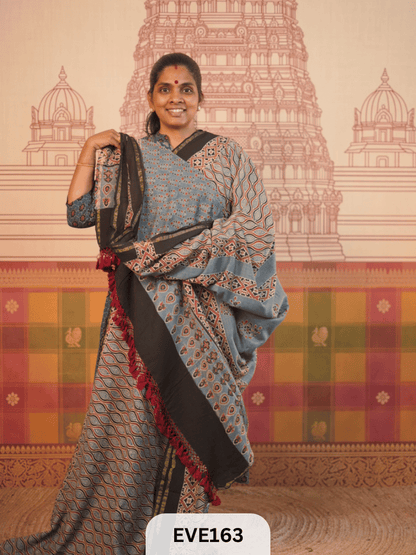 PURE CHANDERI SILK AJRAKH HANDBLOCK SAREE