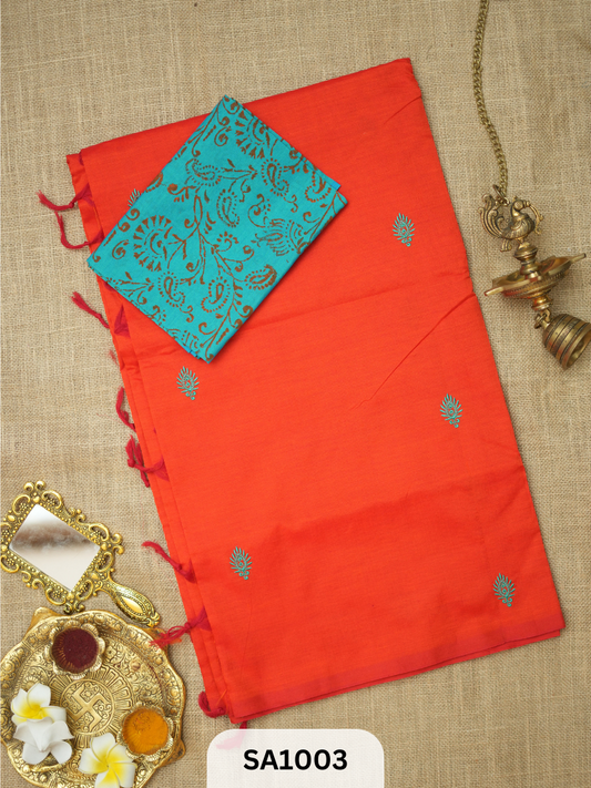 SILK COTTON EMBROIDERY HANDBLOCK SAREE