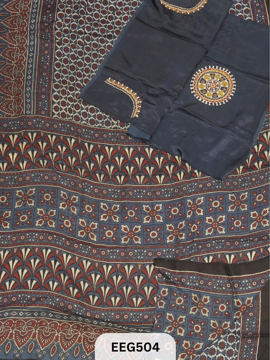 AJRAKH MODAL SAREE WITH KUTCHI HANDWORK BLOUSE PIECE EXTRA