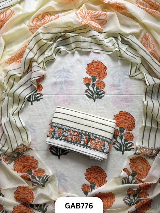 Handblock Cotton Suits With Mulmul Cotton Dupatta | Top 2.5 Mtr Dupatta 2.5 Mtr