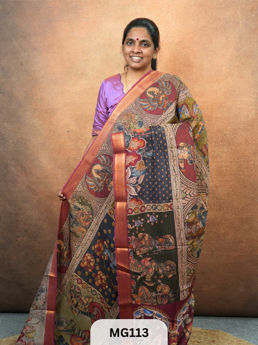 Handloom Mangalagiri with Digital Kalamkari Print Sarees