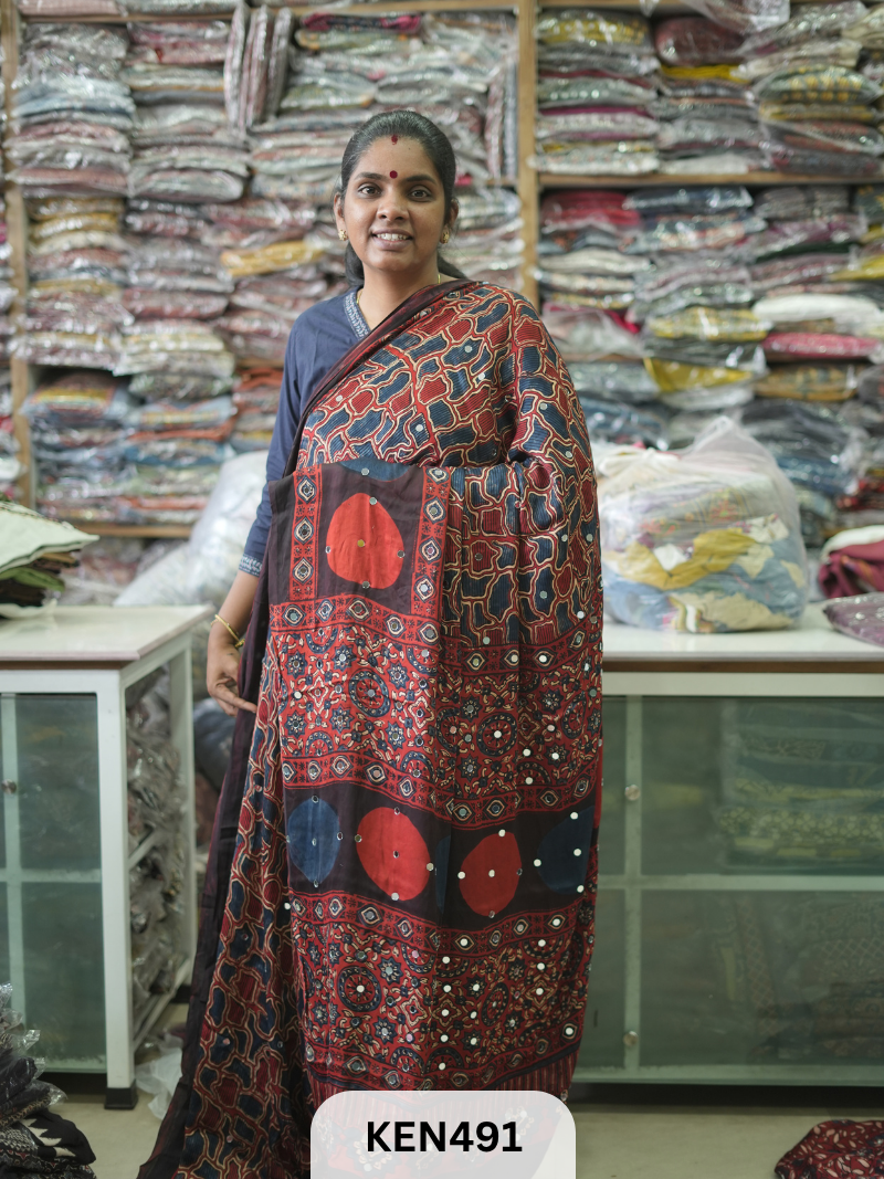 MODAL NATURAL AJRAKH HANDBLOCK SAREE WITH GLUE MIRROR