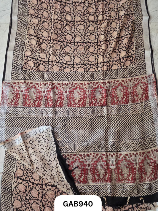 Bagru Handblock Print Linen Saree With Attached Blouse
