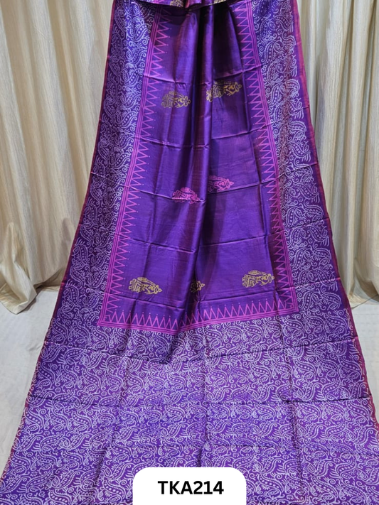 Bishnupuri Katan Silk Block Print Saree