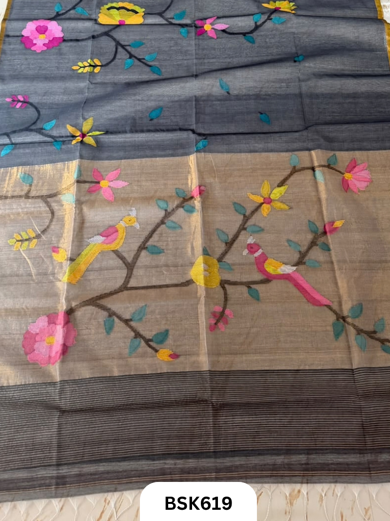 Handloom Pure Muslin Jamdhani With Hand Needle Work Saree