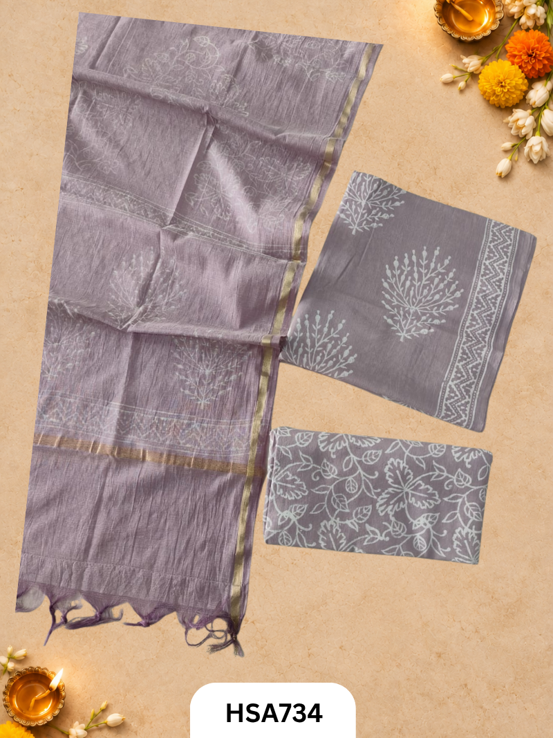 HandBlock Printed Chanderi Silk Dupatta With Cotton Suits -Top 2.5M Duptta 2.5M