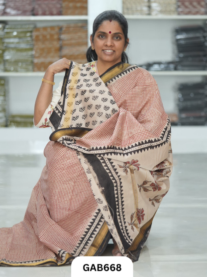 Hand Block Printed Maheshwari Silk Saree