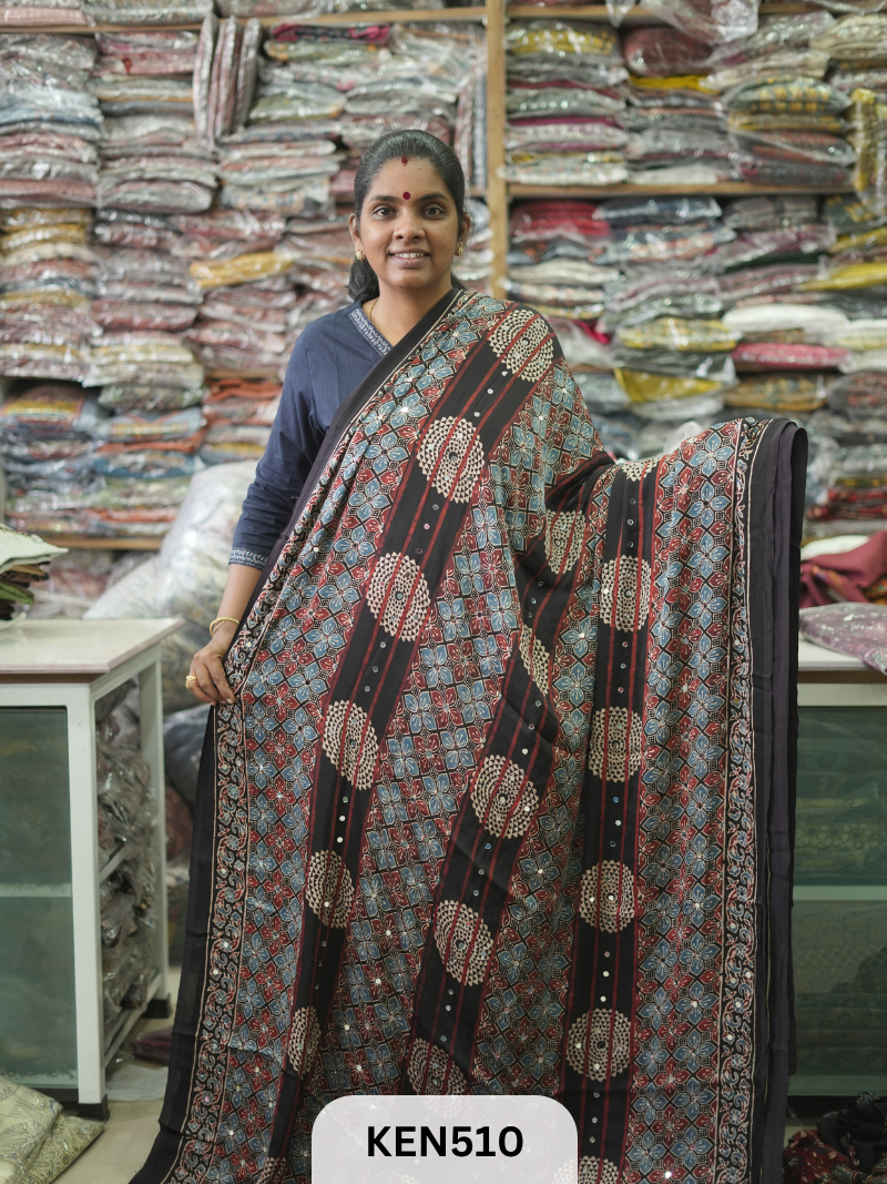 MODAL NATURAL AJRAKH HANDBLOCK SAREE WITH GLUE MIRROR