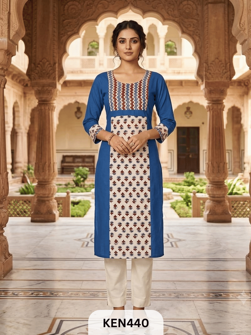 COTTON NATURAL & PLAIN COMBINATION KURTI WITH POCKET