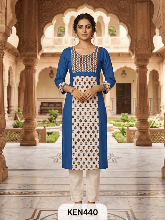 COTTON NATURAL & PLAIN COMBINATION KURTI WITH POCKET