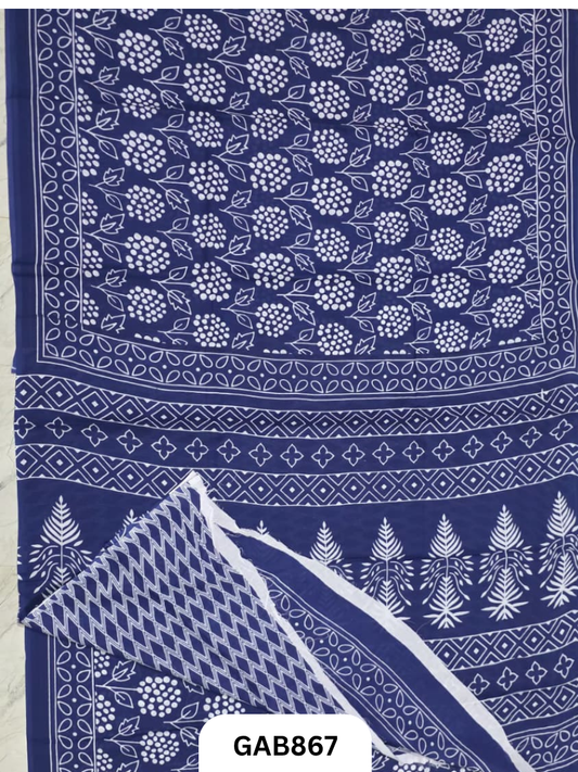 Bagru Block Print Cotton Mulmul Sarees With Running Blouse