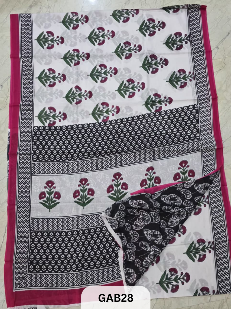 BAGRU PRINT COTTON MULMUL SAREES WITH BLOUSE-SAREE 5.5M +BLOUSE 1M