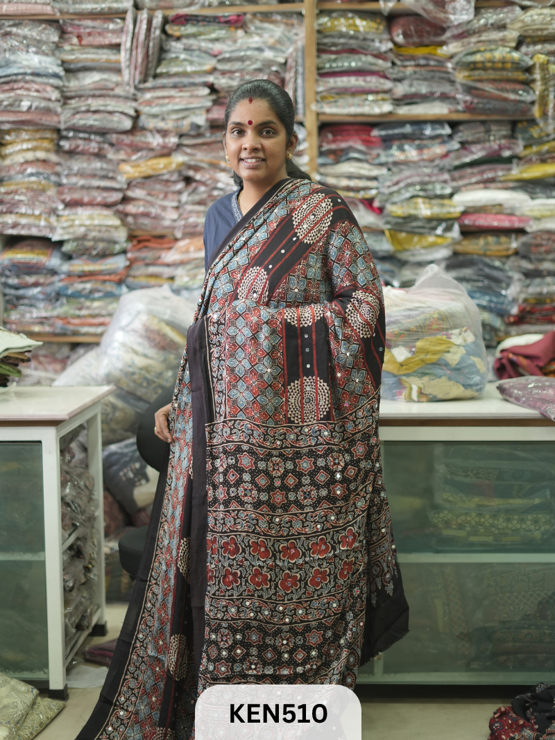 MODAL NATURAL AJRAKH HANDBLOCK SAREE WITH GLUE MIRROR