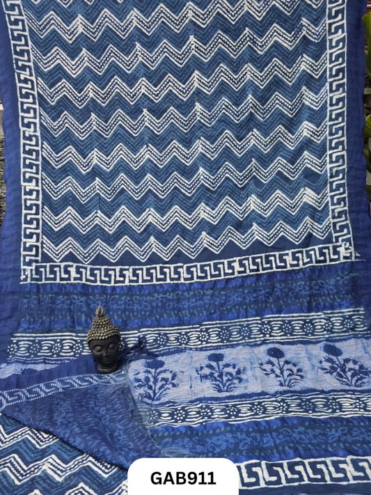 Temple Zari Border Hand Block Printed Katan Cotton Silk Saree With Running Blouse