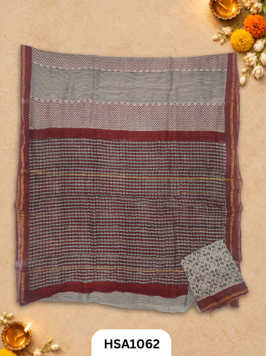 Pure Hand Block Printed Chanderi Silk Saree With Printed Blouse