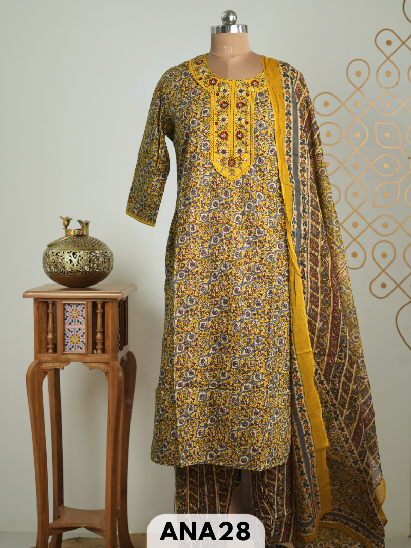 Premium kalamkari handblock embroidery 3 pcs salwar set