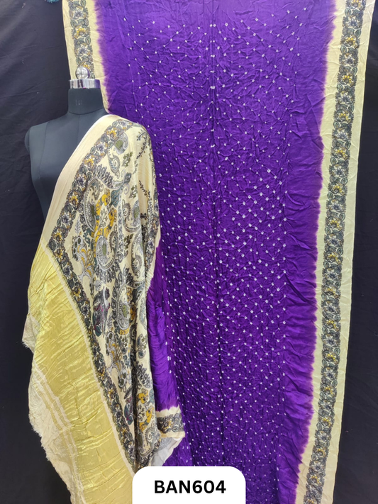 Semi Gaji ts kalamkari digital print pallu, blouse and border with bandhej saree