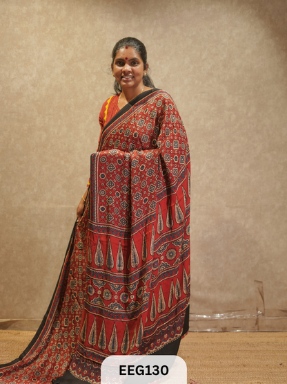 AJRAKH MODAL SAREE WITH KHATLI HANDWORK