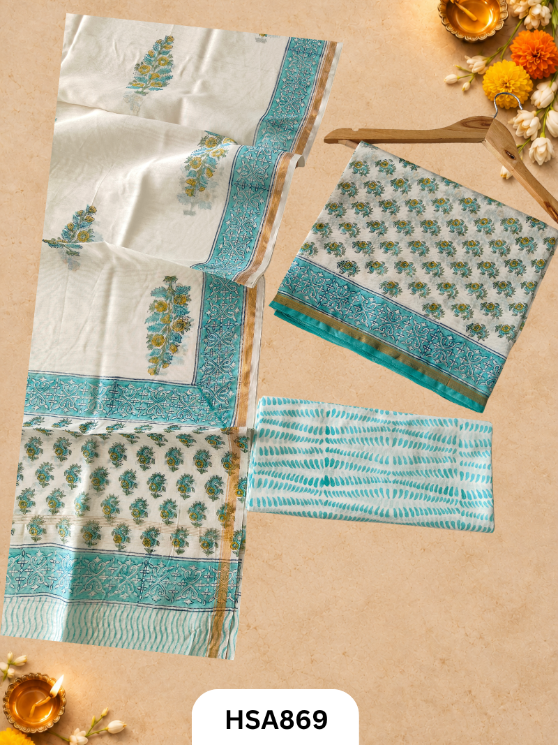 HandBlock Printed Chanderi Silk Cotton Suits -Top 2.5M Duptta 2.5M