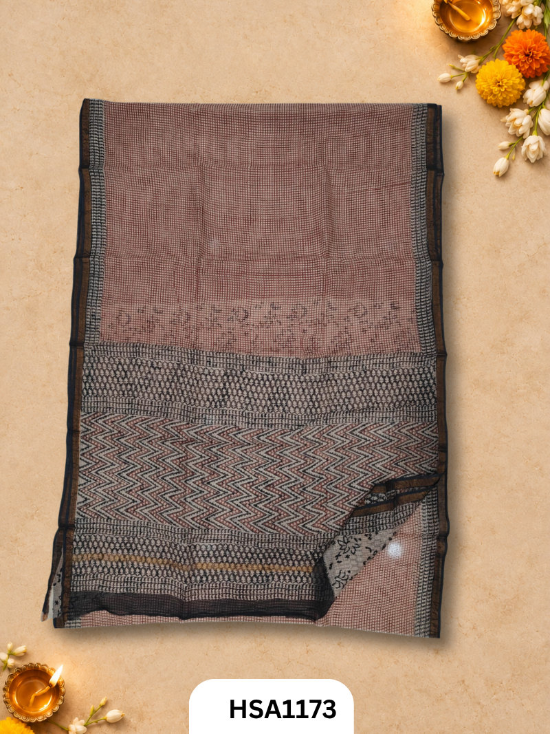 Hand Block Printed Kota Doriya Saree with Blouse