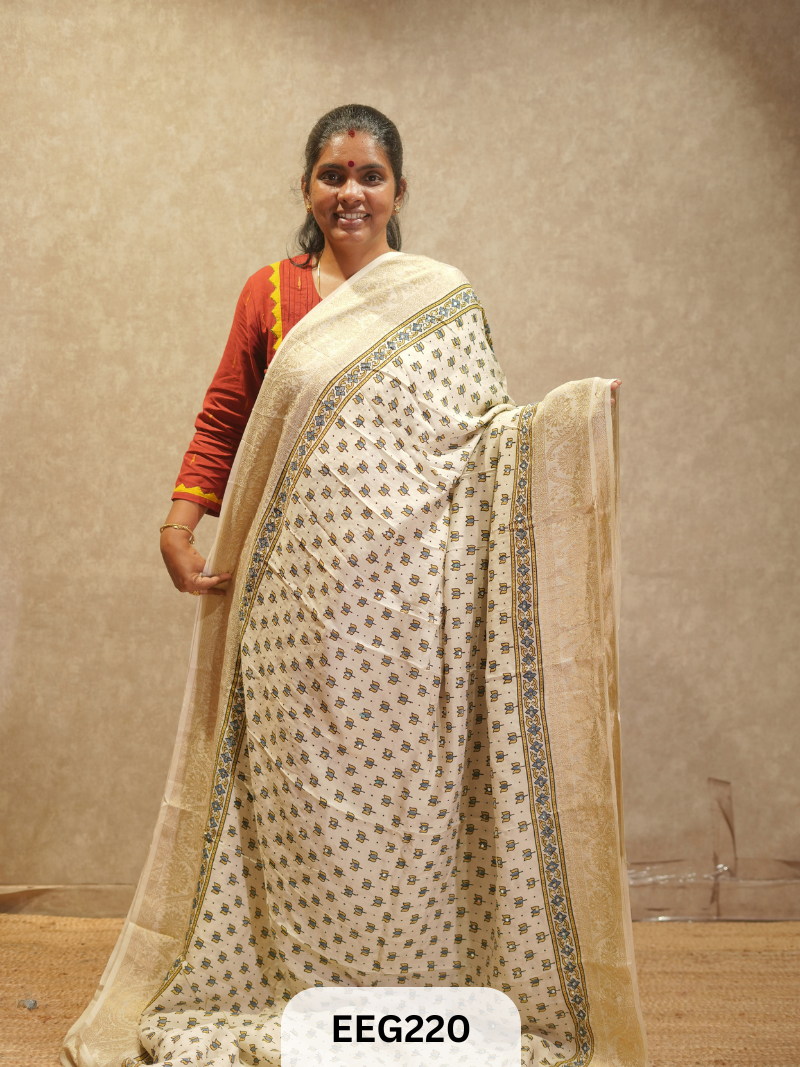 AJRAKH DOLA SILK SAREE WITH MIRROR WORK - IMMEDIATE DISPATCH