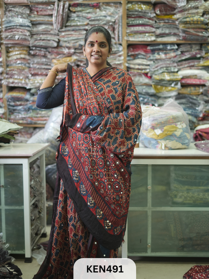 MODAL NATURAL AJRAKH HANDBLOCK SAREE WITH GLUE MIRROR