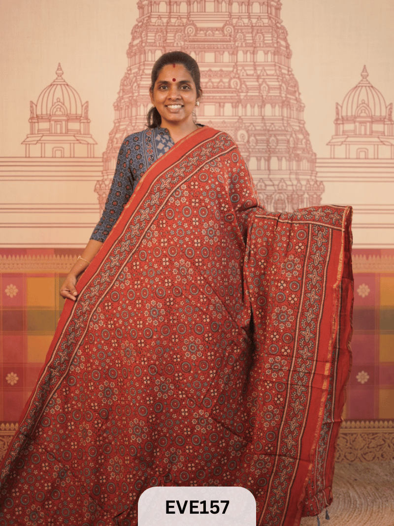 PURE CHANDERI SILK AJRAKH HANDBLOCK SAREE