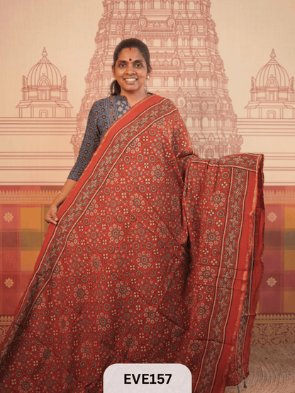 PURE CHANDERI SILK AJRAKH HANDBLOCK SAREE