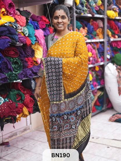 AJRAKH BANDHEJ WITH SKIRT BORDER SAREES | MODAL GAJI FABRIC