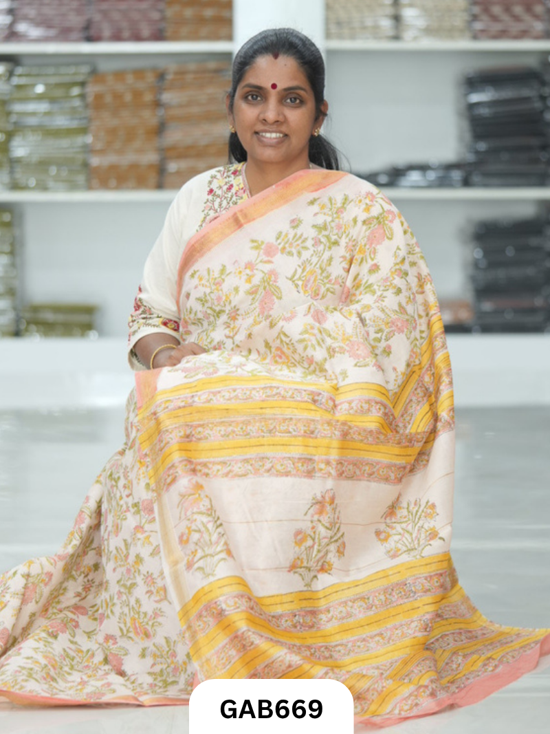 Hand Block Printed Maheshwari Silk Saree